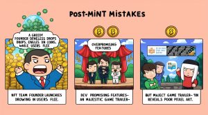 Comic illustration showing NFT founder greed, overpromised features, and low-quality game reveal as post-mint mistakes.