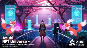 Anime-style Azuki NFT Garden with samurai, fox spirits, and holographic Web3 banners – visualizing NFT lore and immersive expansion. 