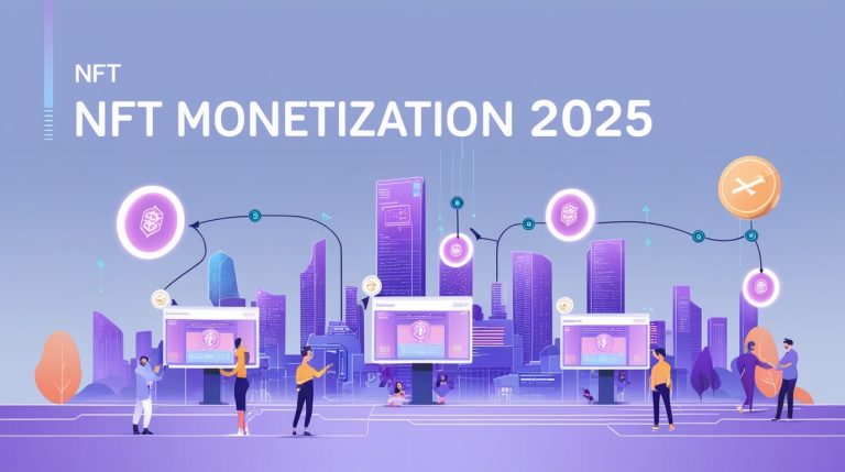 NFT Monetization 2025 cover – futuristic city with blockchain flow and smart contracts