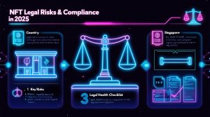 Infographic titled "NFT Legal Risks & Compliance in 2025" showing global comparison map, key legal risks, and a checklist for regulatory compliance with neon-style graphics.