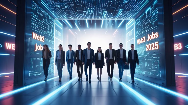 Young professionals entering a futuristic Web3 city through a glowing blockchain portal