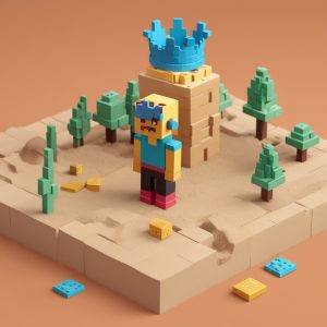 Voxel-style character from The Sandbox standing on a tiny land plot labeled 0.2 ETH with confused expression.