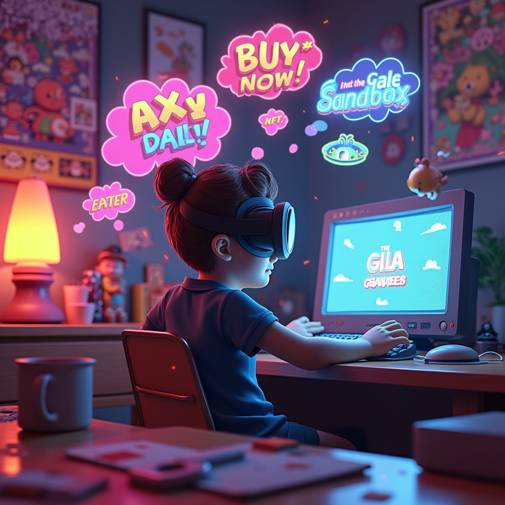 Overloaded NFT gamer in 3D retro 90s style with VR goggles, CRT monitor, and floating game tokens like Axie, Gala, Sandbox