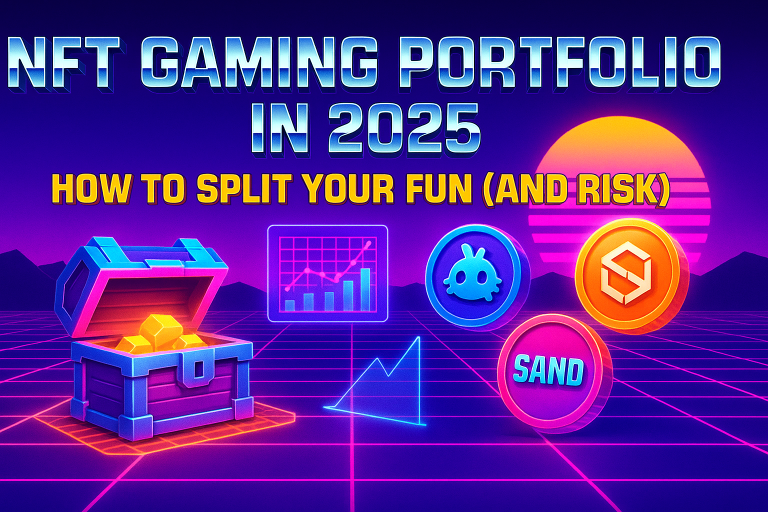 3D banner for NFT gaming portfolio article with tokens, grid background, and retro-futuristic neon elements