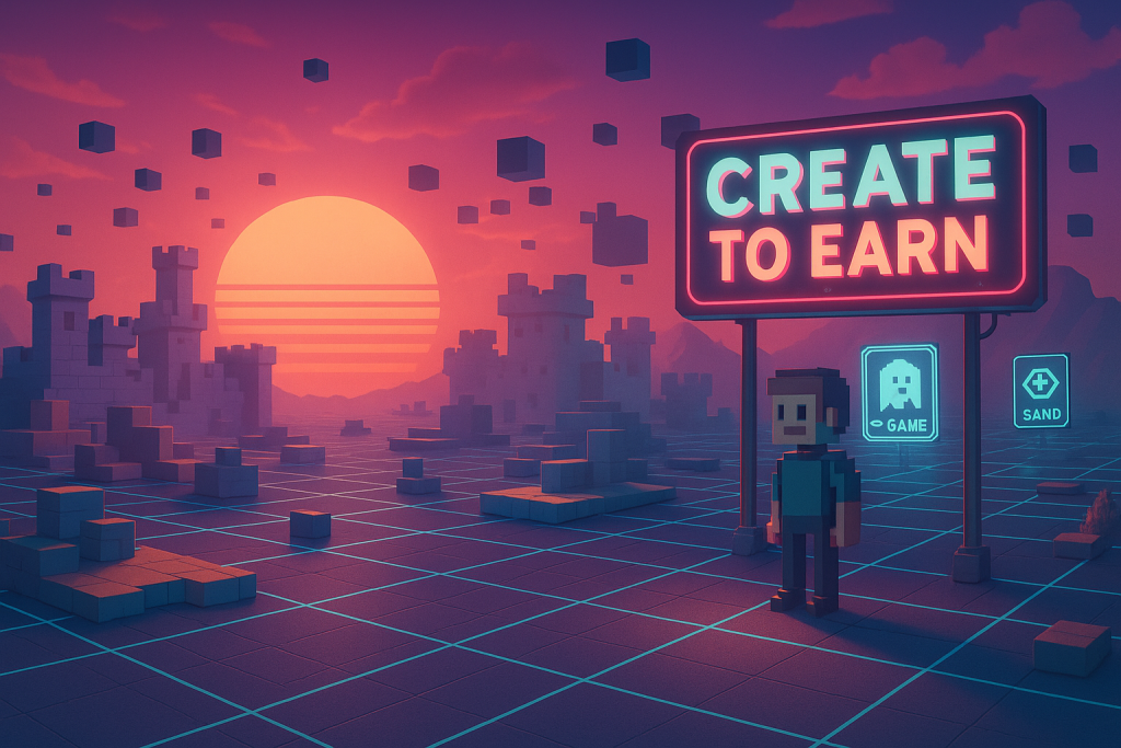 Voxel-style 3D metaverse landscape with neon sign reading “Create to Earn”, sunset grid, floating blocks, and lone avatar in retro 90s game world