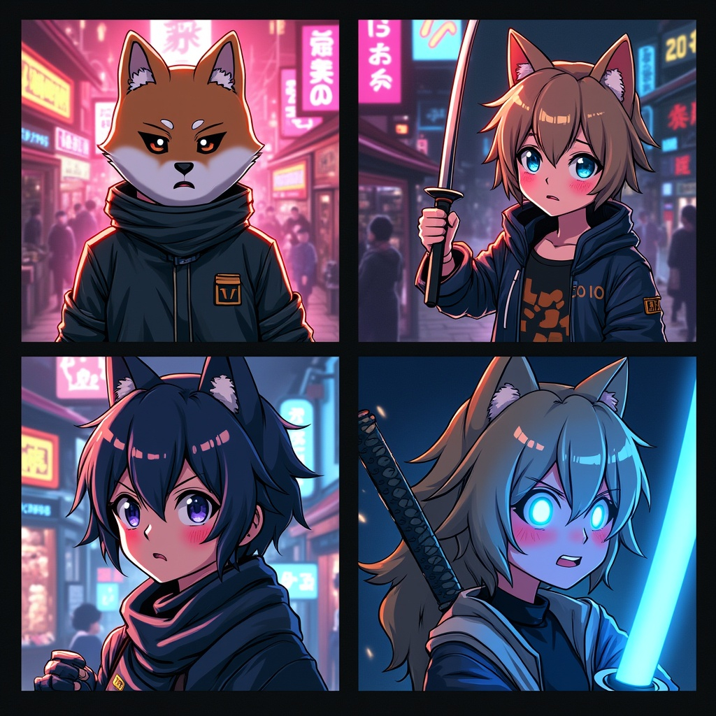 Anime-style comic panels from Crypto Ronin Episode 1, featuring a cyberpunk samurai dog investigating a token rugpull in a neon-lit market.