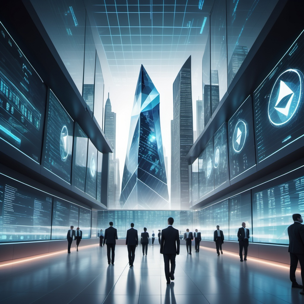 Ethereum in institutional finance — futuristic financial hub with tokenized markets and blockchain infrastructure