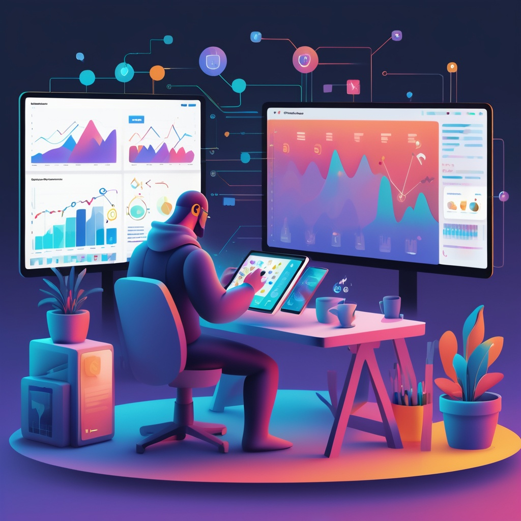 Three characters preparing an NFT and AI strategy: creating art, analyzing data, and testing trading bots in a light modern workspace.