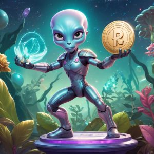 Cartoon parody of an Illuvium NFT warrior holding a token in a futuristic alien landscape.