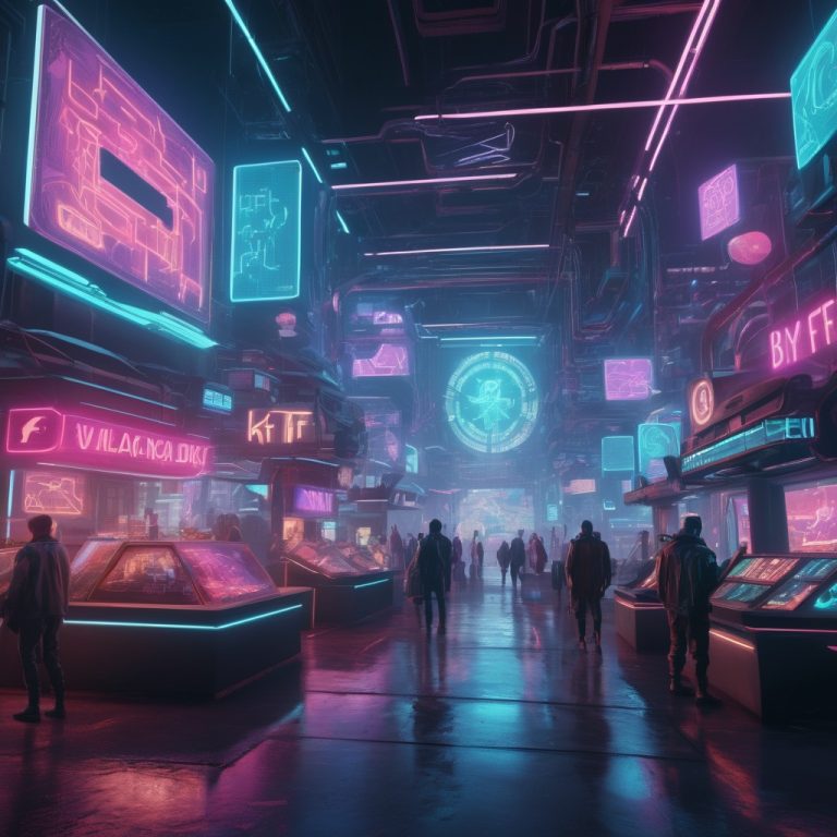 Futuristic NFT marketplace scene with traders analyzing flipping strategies on digital screens in a cyberpunk Web3 setting.