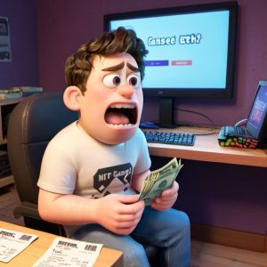 3D cartoon gamer panicking after losing money in an NFT game, holding cash with a broken “Game Closed” screen behind. 