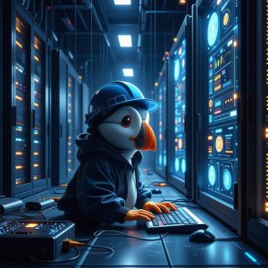 Puffin in a hoodie and construction helmet working in a server room, symbolizing a DevOps engineer in the NFT minting pipeline. 