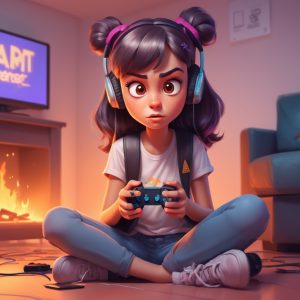 Cartoon 3D-style girl gamer holding a controller, sitting on the floor in a pastel-colored NFT gaming room.