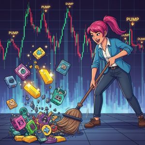 Comic-style illustration of a female trader sweeping cheap NFTs from the floor with a broom, while gold tokens and dust crumble around her. Price chart in the background shows PUMP and DUMP markers.