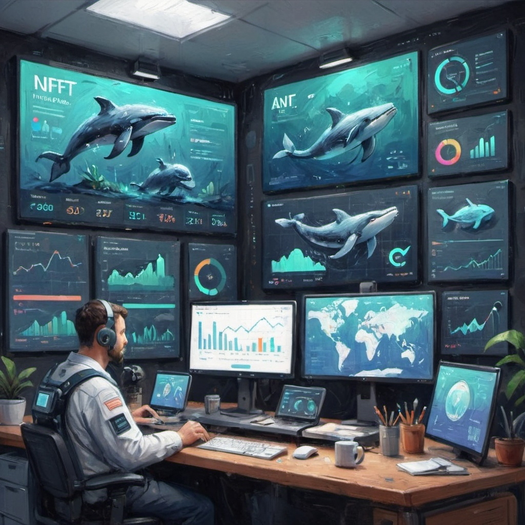 NFT analyst tracking whale wallets and market trends on multiple digital dashboards, with literal whales displayed on screen.