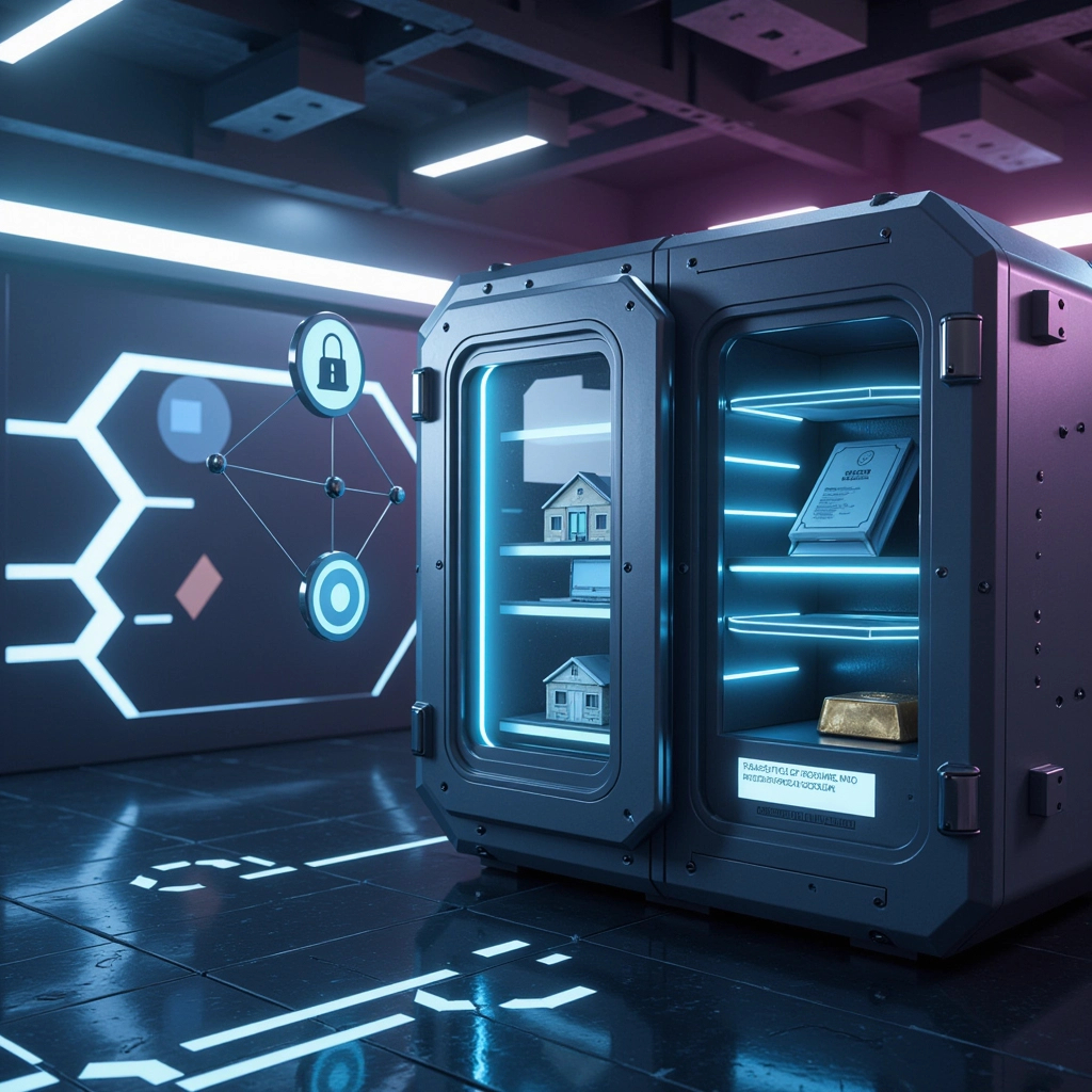 A secure digital vault surrounded by tokenized assets representing real estate, bonds, and gold, symbolizing RWA tokenization on blockchain
