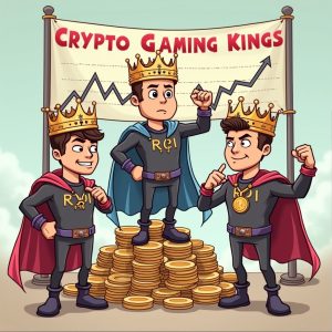 Cartoon NFT gamer kings holding tokens and charts, teaching Web3 gaming lessons with humor