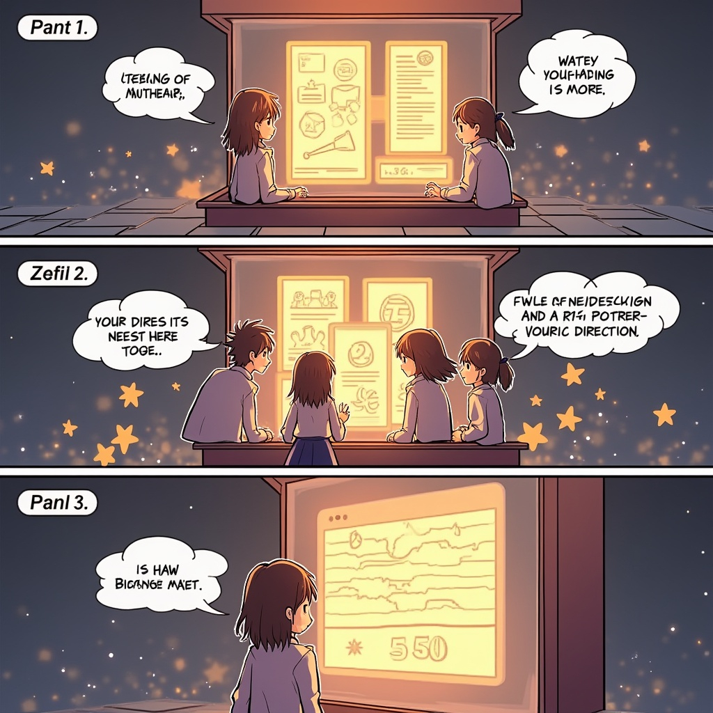 Three-panel anime comic showing how to monetize an AI comic: minting NFTs, offering subscriber-only content, and using DAO voting for story direction.