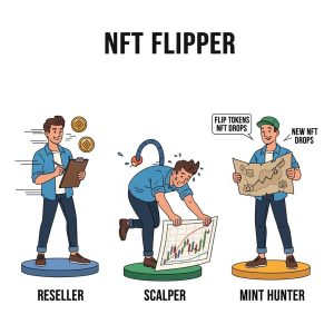 Comic-style illustration showing three NFT flipping personas: a reseller flipping tokens fast, a scalper reacting to charts, and a mint hunter with a treasure map and Discord alerts.