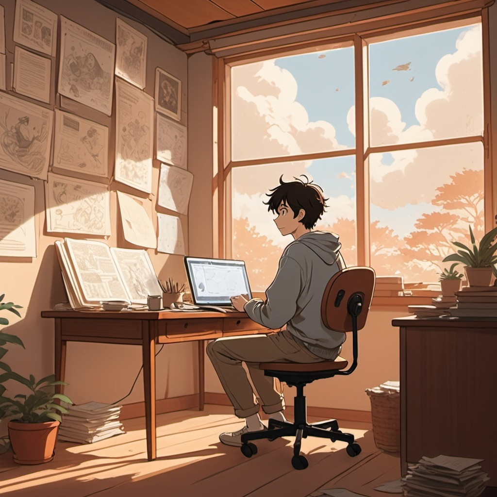 Anime-style artist sitting at a wooden desk creating AI-generated comics on a laptop in a cozy studio with comic panels floating around.
