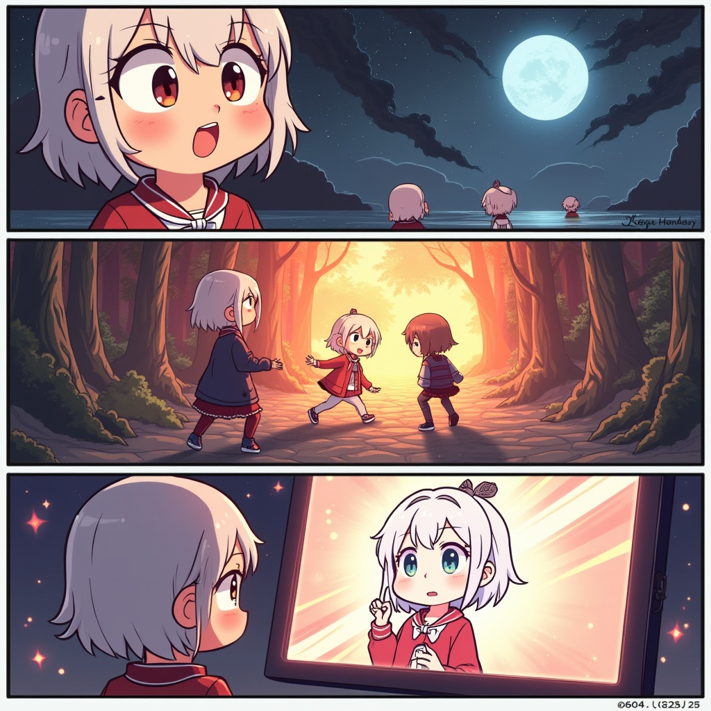 Three-panel anime comic illustrating meme panels, lore-based episodes, and interactive DAO storylines in Ghibli-inspired style.