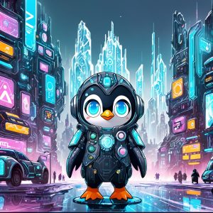 Cyberpunk NFT penguin hero in glowing city