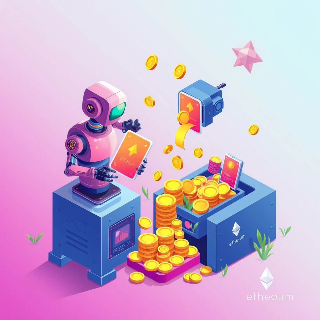 AI robots staking NFT cards into machines, with tokens and coins flowing out, in a bright flat-style digital farm setting.