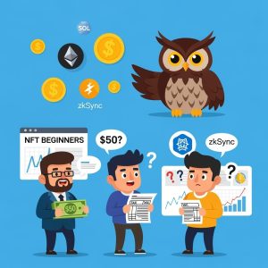 Cartoon-style scene with NFT beginners asking questions about flipping to a wise crypto owl. Includes tokens like Solana, Ethereum, and zkSync, with floating dollar signs and charts.