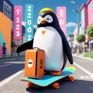 NFT penguin riding a skateboard while carrying a branded delivery case — symbolizing NFT design linked to real-world utility. 