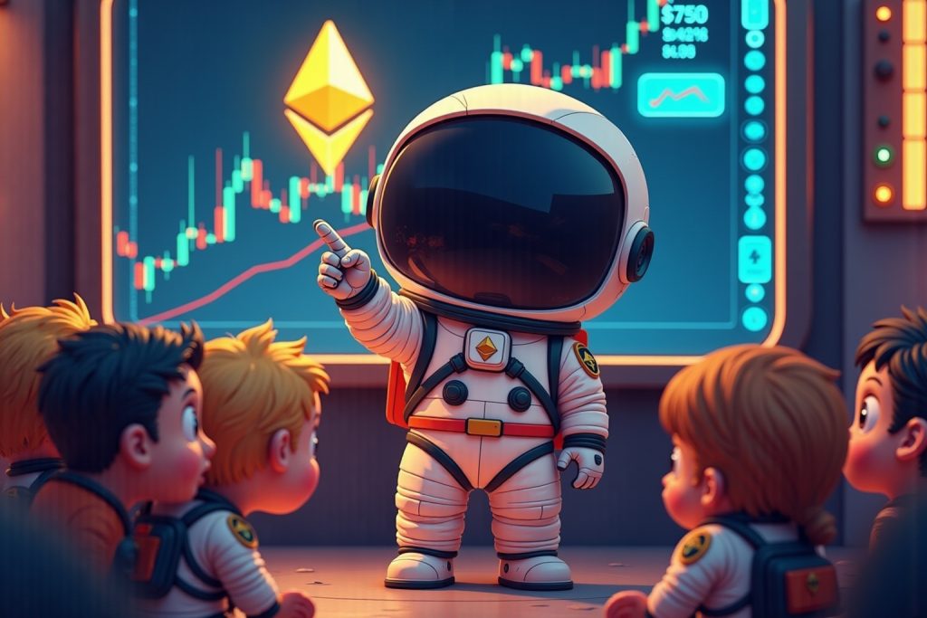 Cartoon astronaut looking at city skyline while monitoring crypto losses – meme Web3 branding