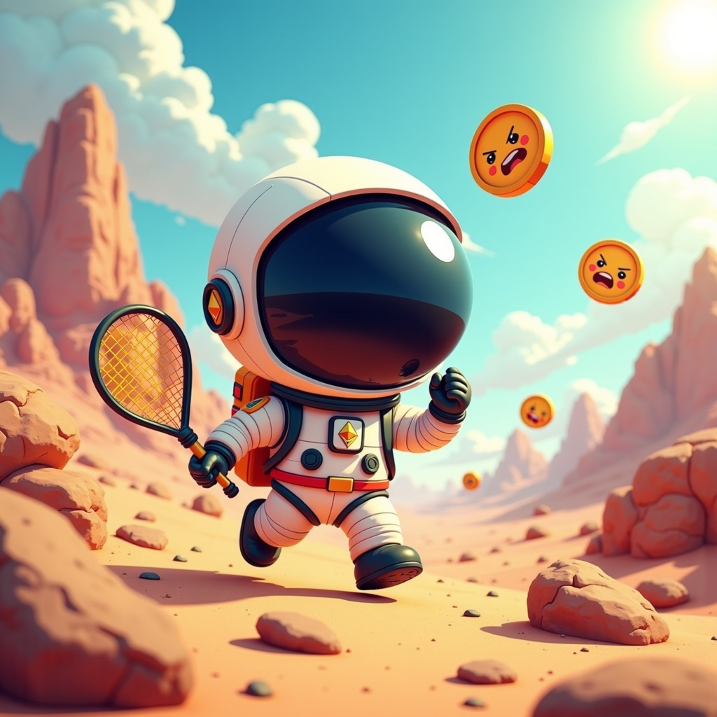 Cartoon astronaut swinging a net at flying rekt tokens – meme humor Web3