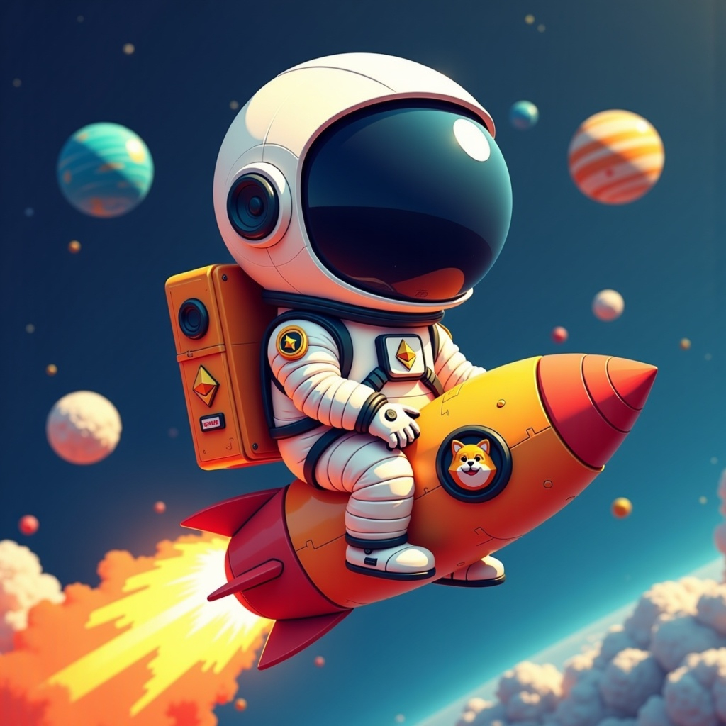 Cartoon astronaut Captain NAV flying through space on a Dogecoin rocket – crypto memes 2025