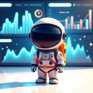 Cartoon astronaut in a futuristic control room monitoring crypto charts on multiple screens – CryptoNav illustration