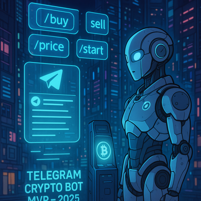 Telegram crypto trading bot MVP interface – futuristic design with buy, sell, price commands