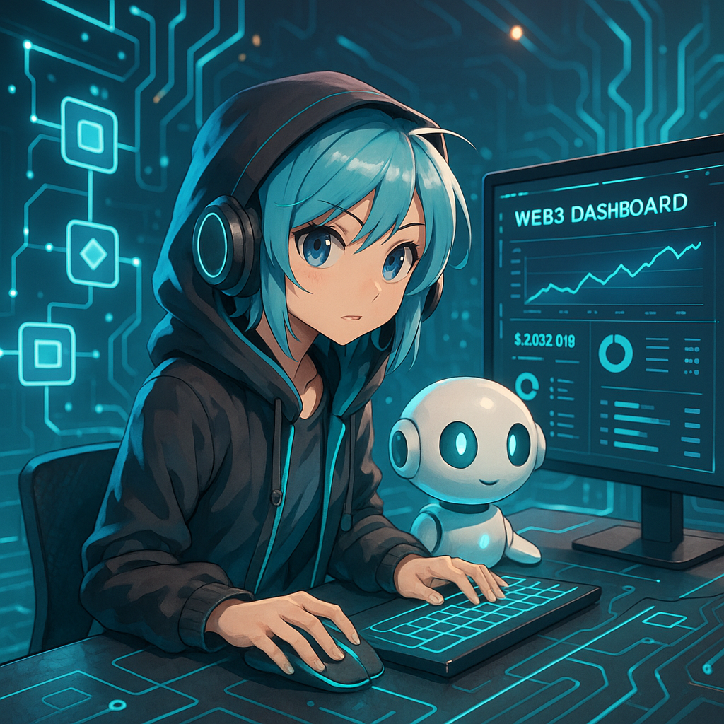 AI developer automating Web3 workflows using n8n dashboard in futuristic environment