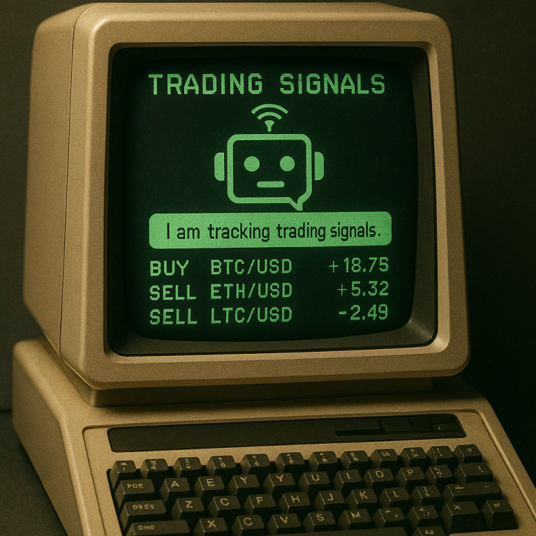 Retro computer screen displaying crypto trading signals, symbolizing automated sniper bots in Web3.