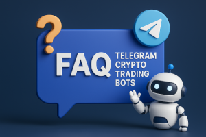 FAQ banner for Telegram crypto trading bots – 3D robot pointing at question mark and Telegram icon